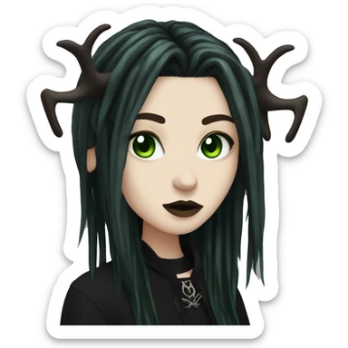 gothic girl, pale skin, green eyes, hairstyle as a black dreadlocks, bangs, black clothes, eyeliner, antlers  sticker