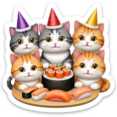 nine cats eating sushi at a birthday party sticker