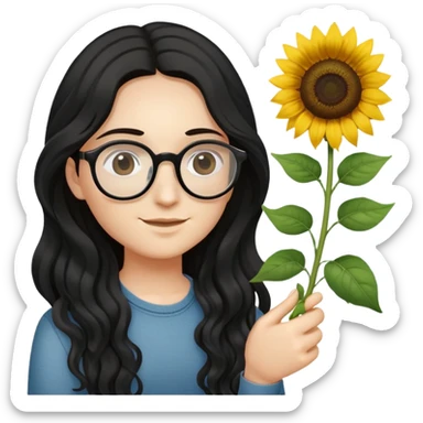 hazme un emoji que me represente: me gusta el color negro, uso lentes, tengo el cabello ondulado, de color negro y largo, tengo la cara media delgada ,me gustan los girasoles  sticker