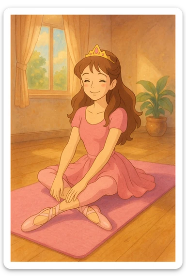 pink pilates princess sitting on a pink yoga mat, smiling, with ballet slippers, ghibli-inspired style sticker