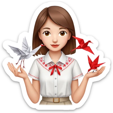 A happy Ukrainian young girl with brown hair in a white embroidered shirt makes an origami red crane craft sticker