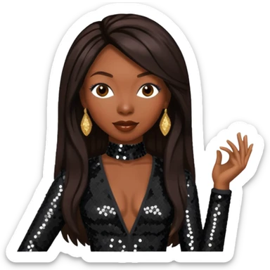 Brandy Norwood with long dark brown hair, dark brown sequin outfit sticker