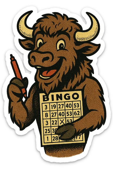 A happy buffalo from the American West with a bingo card and pen sticker