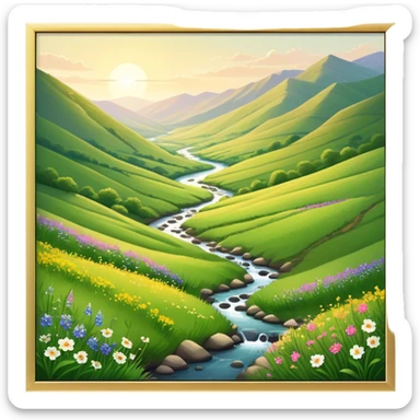 Cinematic Realistic Valley Emoji, Lush and serene, with gently sloping hills surrounding a vibrant green valley filled with wildflowers and a small stream. The soft, golden sunlight filters through the valley, casting peaceful, warm shadows across the landscape. Soft glowing outline, capturing the essence of natural peace and gentle beauty in a sprawling valley. sticker