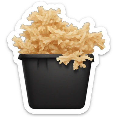 Black cubic plastic container with wood shavings inside, and a white tube with three branches at the top  sticker