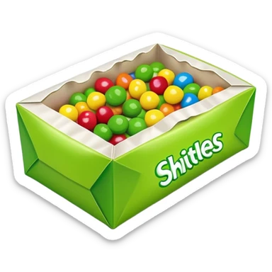 Torn open Skittles package with green candies visible inside, minimalist style with simple rainbow colors. sticker
