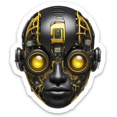 black and yellow cyborg head with circuitry and artificial eyeball sticker