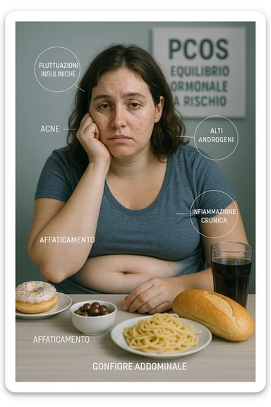 Donna tra i 25 e i 35 anni, seduta a tavola con un’espressione stanca e gonfia. Sul tavolo ci sono alimenti sbagliati per la sua condizione: dolci raffinati, pane bianco, pasta, bibite zuccherate. Intorno al suo corpo si vedono elementi simbolici che rappresentano gli effetti della PCOS peggiorata: insulina fluttuante, androgeni elevati, infiammazione bassa cronica. La sua pelle appare acneica, gonfiore addominale visibile, sguardo affaticato. Sullo sfondo, un cartello sfocato con scritto 'PCOS – equilibrio ormonale a rischio'. Stile realistico con elementi simbolici, toni freddi ma chiari in italiano sticker