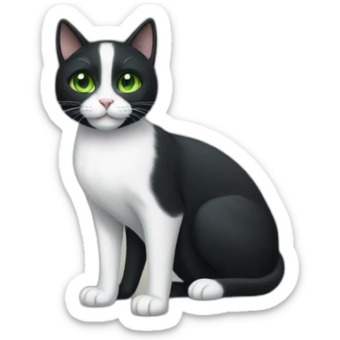 A black cat with green eyes with a white mustache, a white stripe on its nose, a full-length white breast and white paws sticker