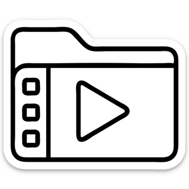 Create a video folder icon in the exact same style as the provided blue folder icon. Use bright blue color with a thin black outline, minimal design, transparent background. Add a white play button and film strip details on the folder. No text. sticker
