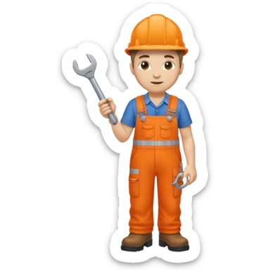 railway engineer in orange overalls, boots, holding a spanner sticker