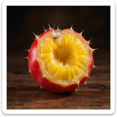 single smooth red round Stenocereus fruit with typical cactus spikes cut open to show juicy interior realistic style sticker