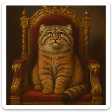 A brown-orange Pallas's cat (Manul) sitting on a royal throne, looking majestic sticker
