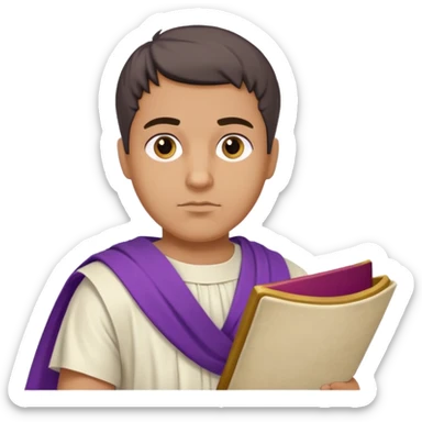 An emoji portrait of a Roman nobleman. He wears a white toga with a purple border. He has a serious, dignified expression and holds a scroll. sticker
