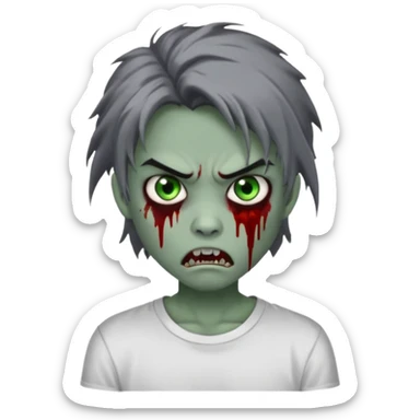 3D emoji-style avatar with grey zombie skin, dark brown hair, a young Asian face, and large green eyes with blood tears. Give it white litle bit messy middle hair style , silver hoop earrings, and a plain white T-shirt. The face expression should be slightly angry, with vampire fang sticker