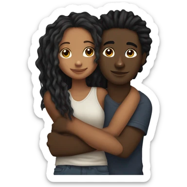 Brown girl with wavy hair hugging black boy who has dreads  sticker