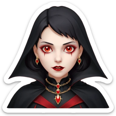 vampire village woman portrait, head and shoulders only, dark gothic cloak collar, sharp fangs, red glowing eyes, elegant yet eerie expression, subtle jewelry, 3D cartoon, mobile game icon style, clean background, no text, no watermark sticker