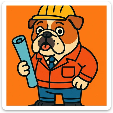 English Bulldog dressed as an engineer, wearing a hard hat and holding blueprints, cartoon style sticker