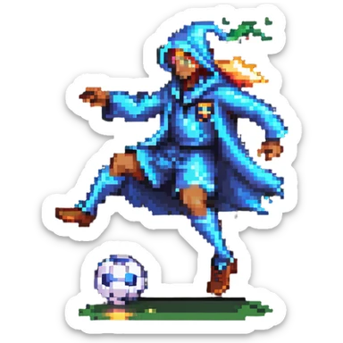 pixel art of a footballer in a wizard robe kicking a glowing soccer ball sticker