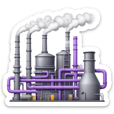 An emoji of an industrial factory in realistic gray tones, with pipes and smokestacks. Instead of smoke, soft neon violet energy or light particles flow out, symbolizing AI power and efficiency sticker