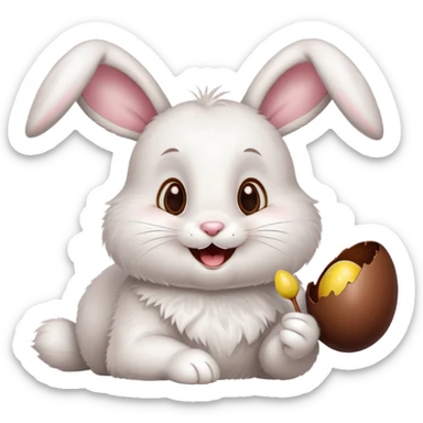 Cute Easter bunny happily eating a chocolate egg sticker