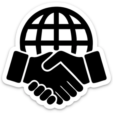 International partners icon, handshake in front of a globe, black filled style, variation 5 sticker