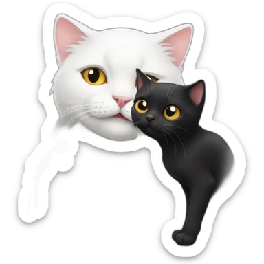 A white cat is licking a black cat sticker