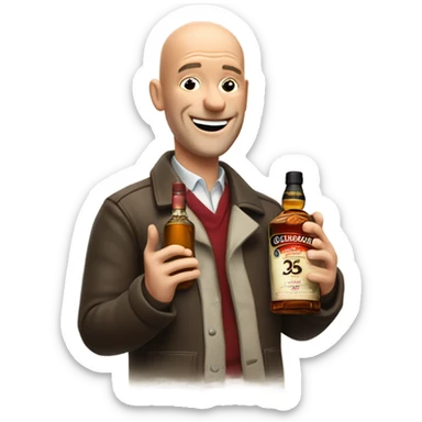 realistic meme of bald man mit jackey with withe bart with Glenfarclas 35yo sticker