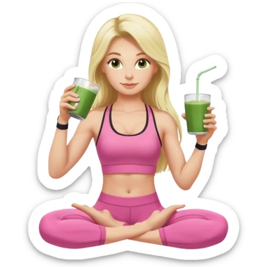 long haired blonde pilates instructor in pink drinking matcha in cute set with no straps and tattooed sticker