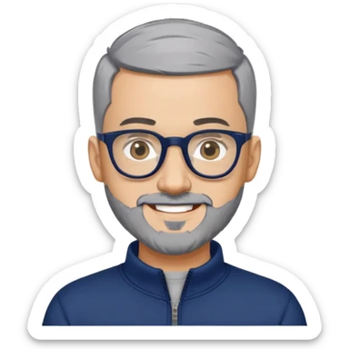 Man with light skin, extremely short black hair (military buzz cut), short peppered gray beard, large black-framed glasses, smiling face, navy blue zip-front sweatshirt with long sleeves sticker