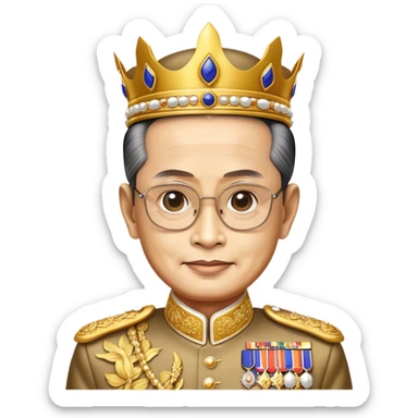 Cinematic Realistic King Bhumibol Adulyadej Portrait Emoji, depicted as a revered Thai monarch with a dignified expression and traditional royal attire, rendered with lifelike textures and soft regal lighting that captures his lasting legacy. sticker