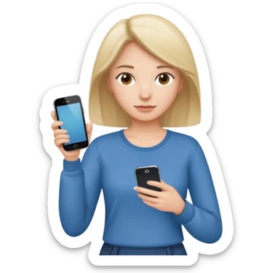 woman casual clothes holding just one phone in one hand and the other hand empty sticker