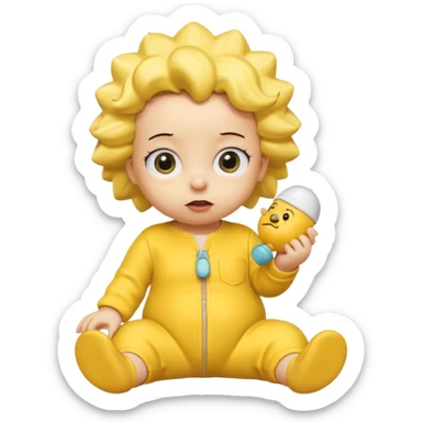 A 3D cartoon baby character yellow skin, styled like Maggie Simpson, with pacifier, yellow onesie, big eyes, smooth shading, Memoji-style rendering, consistent with other yellow Simpsons characters. sticker