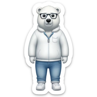 friendly anthropomorphised polar bear standing upright, looking chilled and unbothered, wearing a shirt, jeans, trainers, extravagant glasses sticker