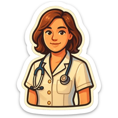 female medical coat with short sleeves, front view, straight angle, looking at camera, retro stickers style, soft rounded shapes, clean contours, pastel palette, detailed shadows and highlights, modern illustration, transparent background sticker