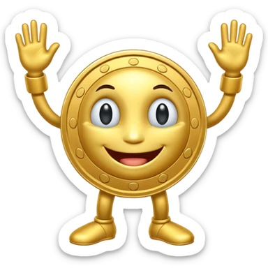 coin mascot with eyes, mouth, arms and legs sticker