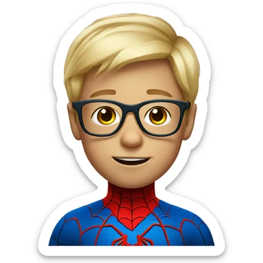 little blond boy with glasses with spider-man costume sticker