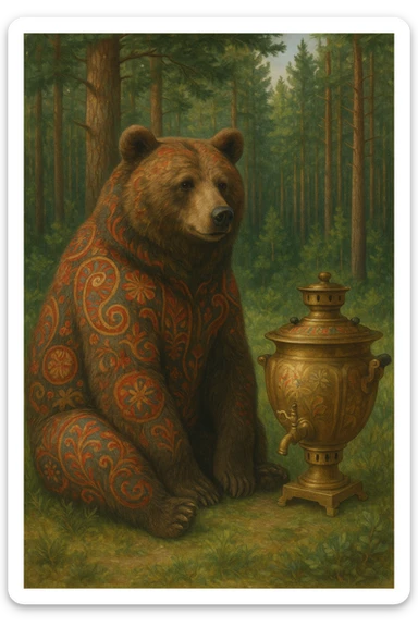 A Russian bear, realistic style, sitting with a samovar, pine forest background, subtle Russian motifs like traditional patterns and colors. sticker