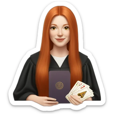 redhead white woman medium long straight hair, celebrating graduation with tarot cards sticker