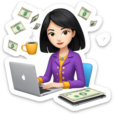  woman character with laptop and coffee in Paris, dollars coming out from the screen floating, colorful chic outfit, white laptop, Pixar style, black hair, fair skin,  sticker