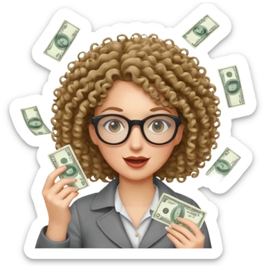 curly haired white woman with glasses tossing dollar bills sticker