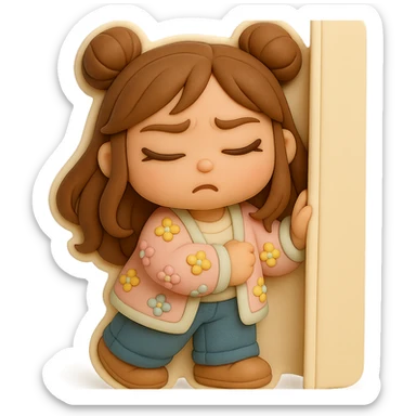 3D chibi fondant cake art style, high-quality rendering with smooth shadows and soft gradients. Girl based on reference image with preserved facial features and eye shape, long brown hair in two space buns, brown eyes, jeans, pastel floral cardigan, shoes, thick white outline like a sticker. Closing her eyes in fear. Ensure the face, hairstyle, eye shape, and shoes match the reference exactly. sticker
