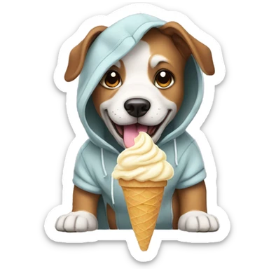 A dog wearing a hoodie and eating ice cream sticker