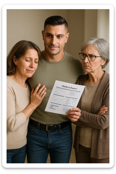 Middle-aged man standing between his menopausal wife and critical mother-in-law, body language shielding her, medical reports in hand proving her symptoms are real sticker