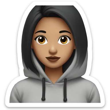 girl wearing a grey and black hoodie, pretty, black hair, black eyes, pink lips, facing the side a little bit sticker
