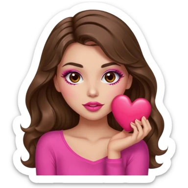 girl with long wavy brown hair, brown eyes, long lashes makeup, sexy pink lips, light to medium complexion, wearing a pink sexy top, sexy , puckering, blushing, kissing a heart sexy sticker