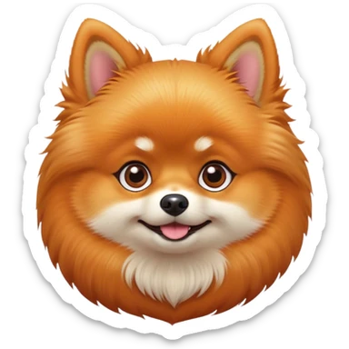 Cinematic Cute Orange Pomeranian Portrait Emoji, Head tilted playfully and inquisitively, featuring a luscious, fluffy orange Fur with a natural sheen, round, sparkling brown eyes filled with curiosity, Simplified yet irresistibly adorable features, highly detailed, glowing with a warm, friendly glow, high shine, affectionate and lively, stylized with a touch of whimsy, bright and endearing, soft glowing outline, capturing the essence of a mischievous yet loving pup, so playful it feels like it could scamper out of the screen and into your arms! sticker