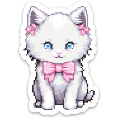 cute fluffy white kitten with a light pink bow sticker