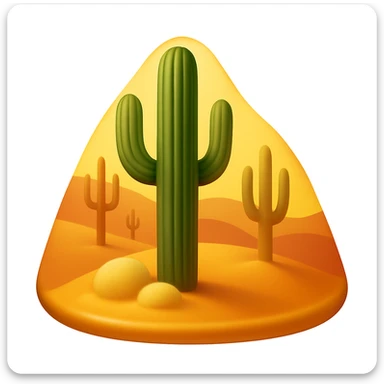 Create a desert emoji in the style of iOS emojis. The shape should be a sand mountain instead of a square, keeping the same cacti, sand, and colors. The sand mountain should be smooth and shiny. sticker