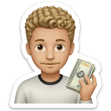 Boy dark blond curls with taperfade , clean goate is making a moneyspread with left hand sticker